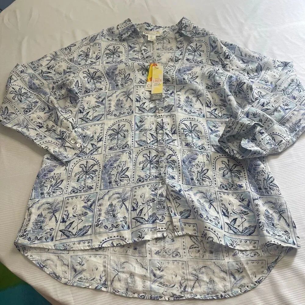 NWT C&C California Tropical Palm Print 100% Linen Top Size Large New